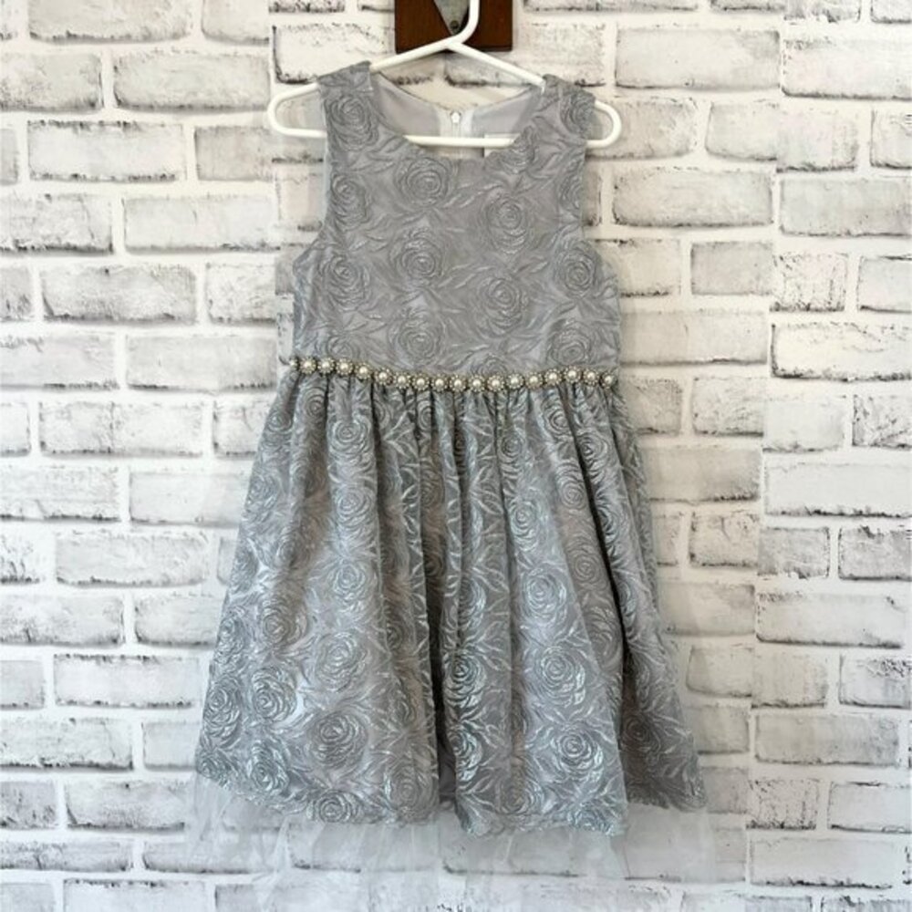 Rare Editions Girls Roses and Pearls Silver Dress size 6X
